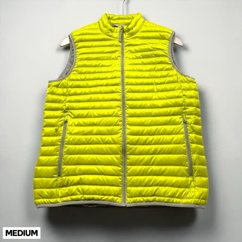 Eddie Bauer Travex EB700 Down Vest Mens MED Neon Green Puffer Full Zip Quilted